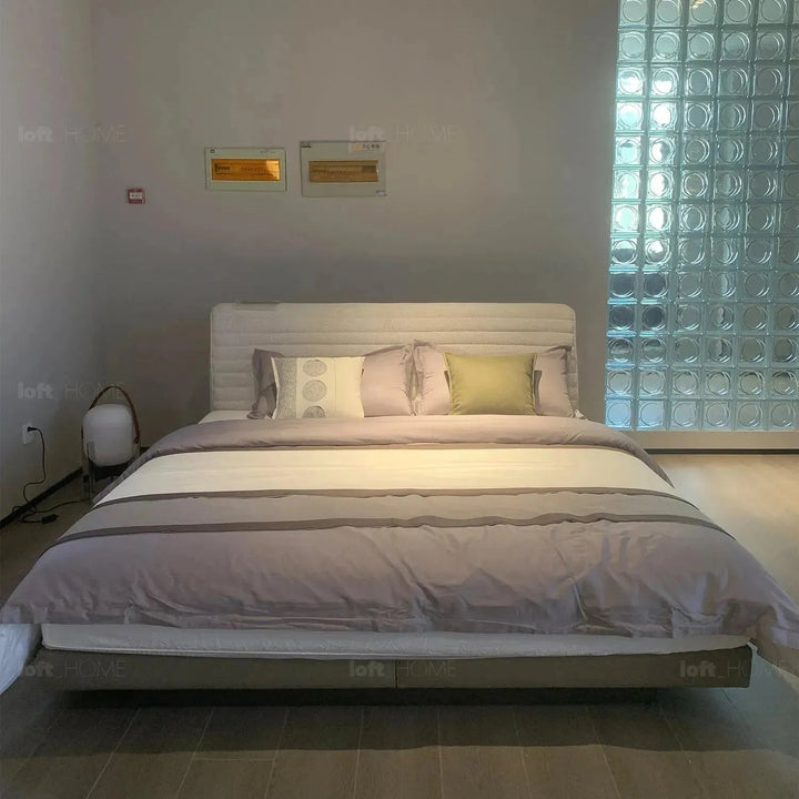 Minimalist fabric bed hoverloft in panoramic view.