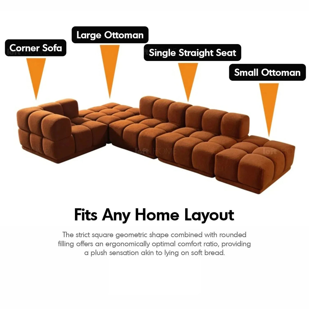 Bauhaus teddy fabric modular 4 seater sofa cuboid in real life style.