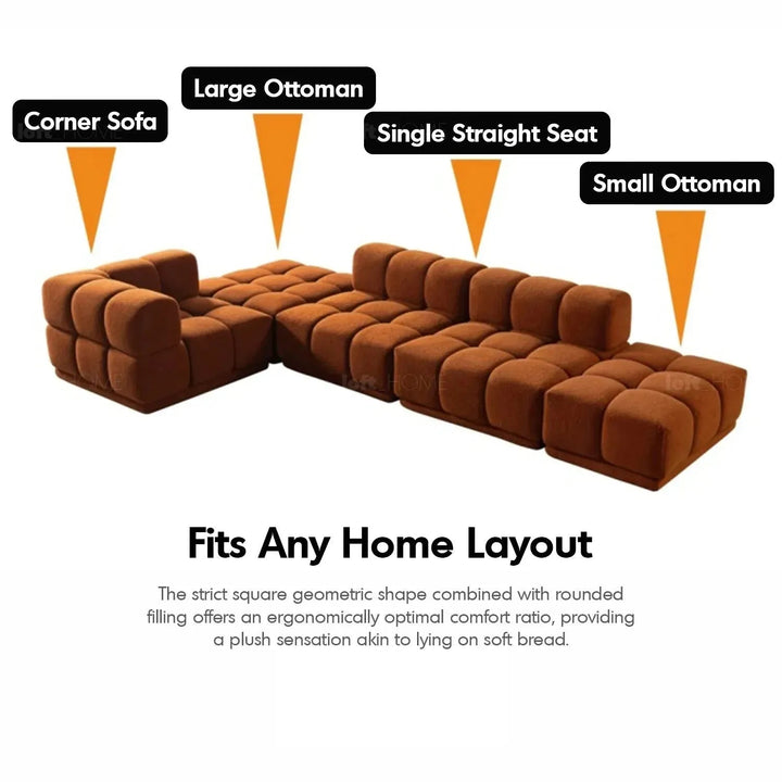 Bauhaus teddy fabric modular 4 seater sofa cuboid in real life style.