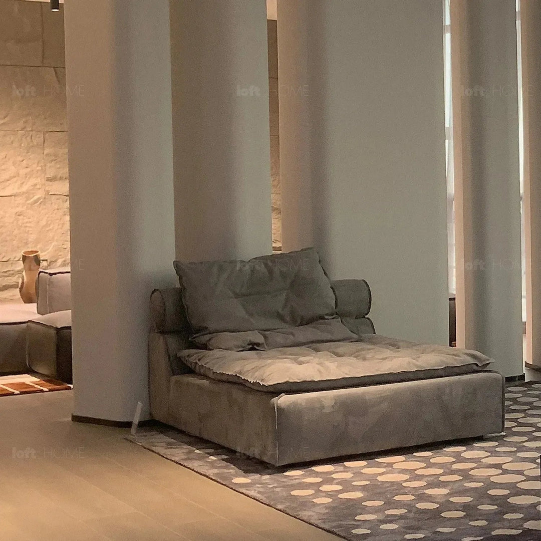 Modern fabric modular chaise sofa woolen in close up details.