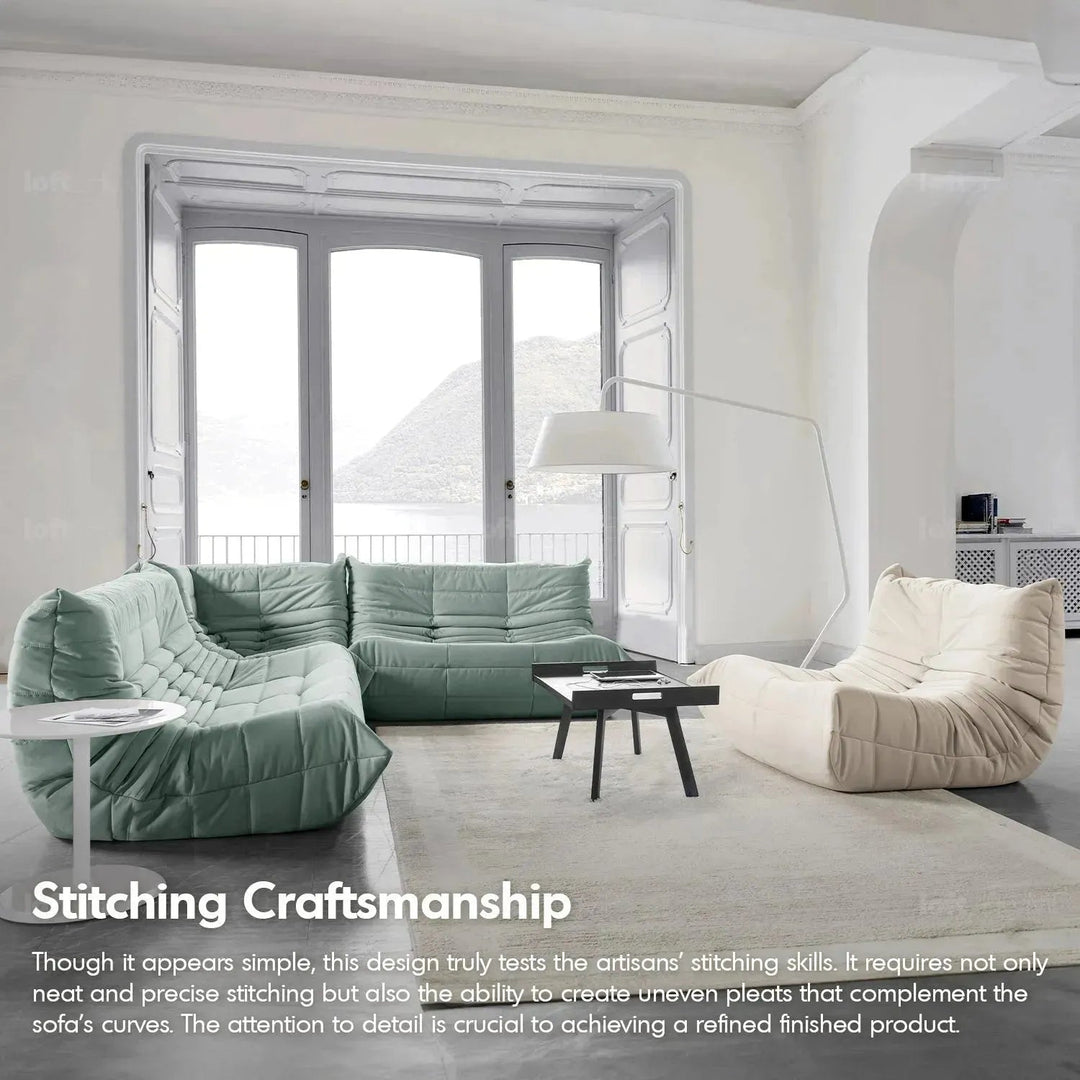 Bauhaus fabric modular corner 1 seater sofa cater in panoramic view.
