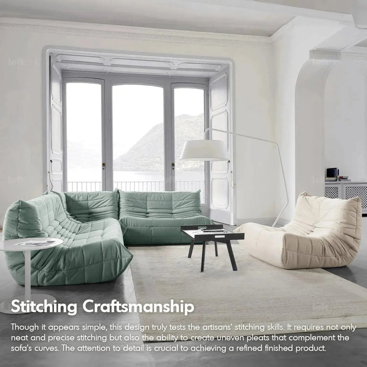 Bauhaus fabric modular corner 1 seater sofa cater in panoramic view.