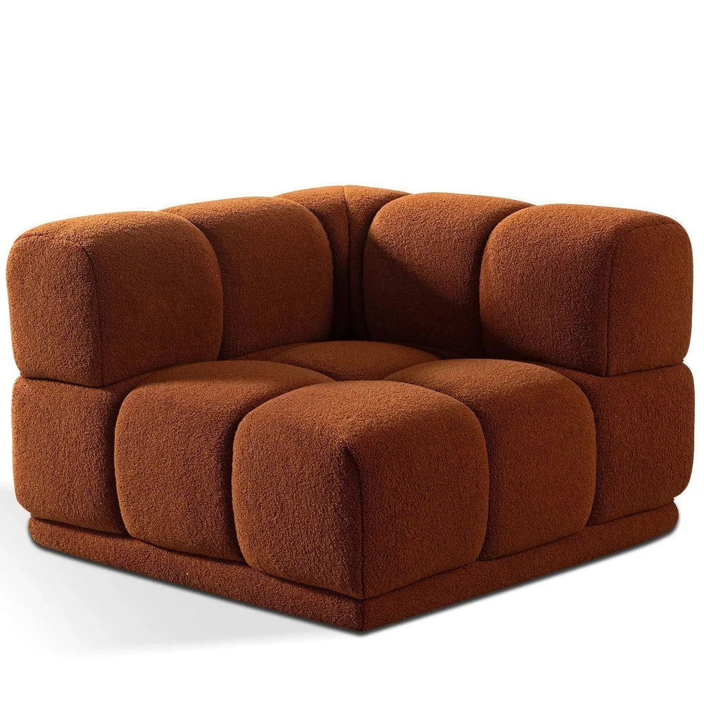 Bauhaus teddy fabric modular corner 1 seater sofa cuboid in white background.