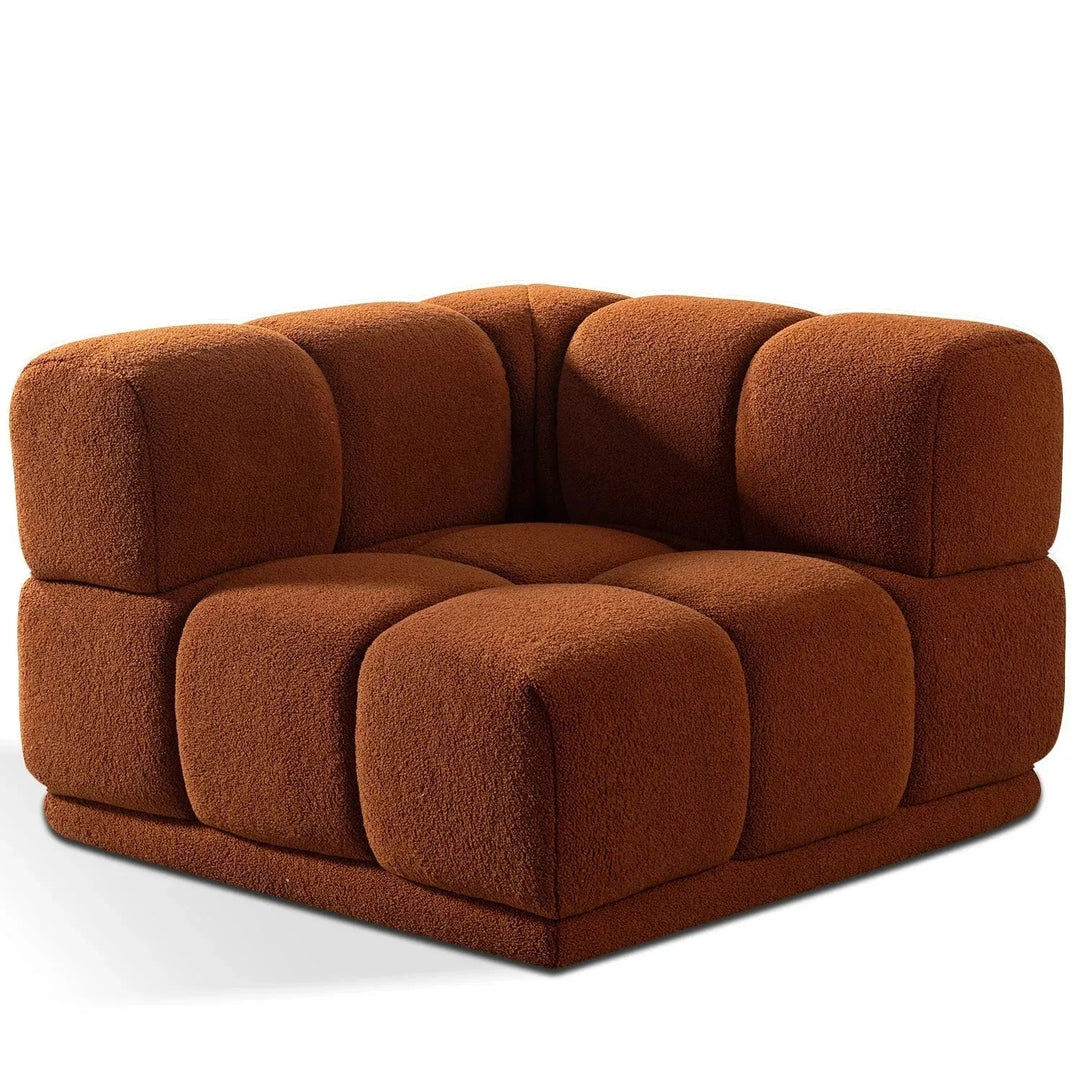 Bauhaus teddy fabric modular corner 1 seater sofa cuboid in white background.