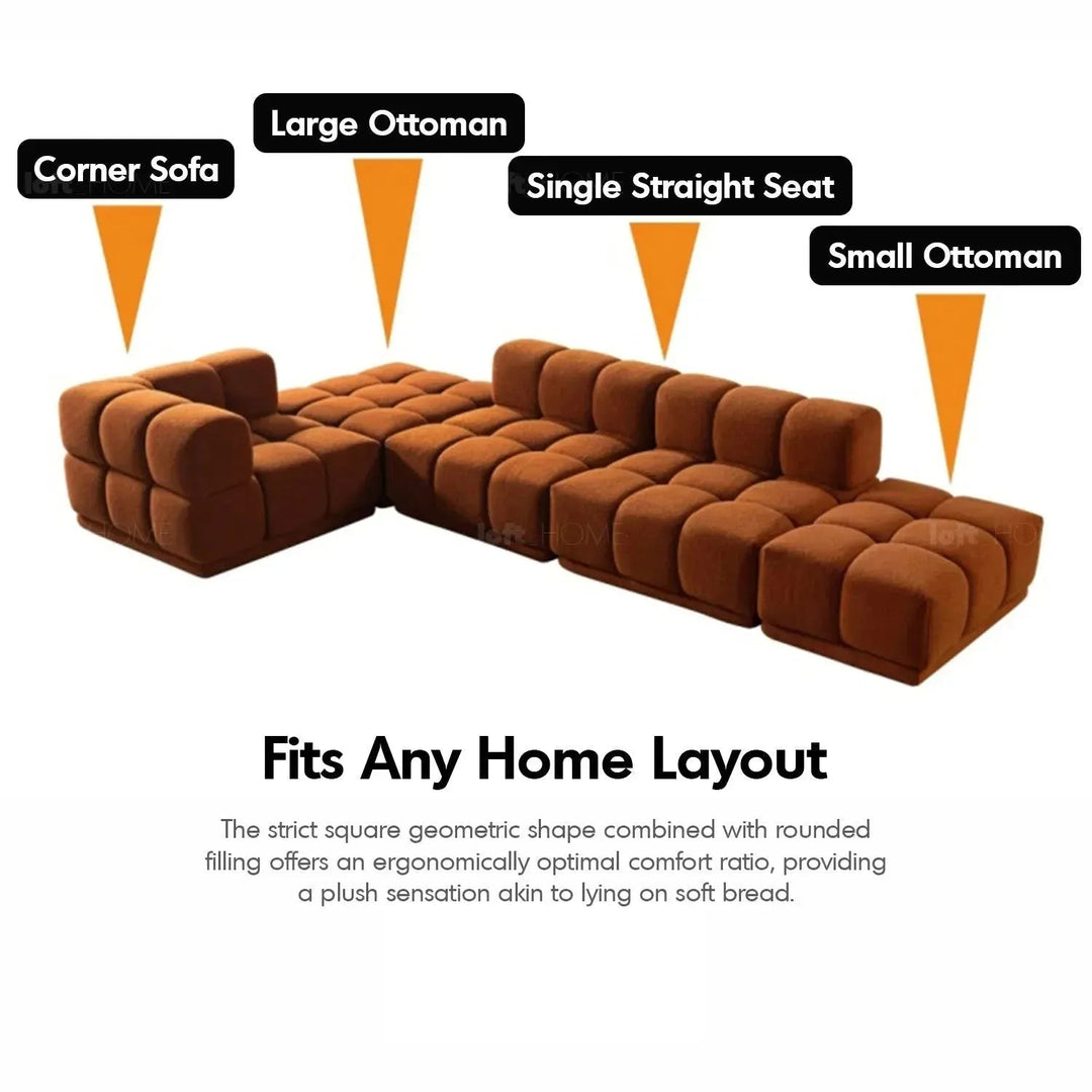 Contemporary teddy fabric modular l shape sectional sofa cuboid 3+l in real life style.