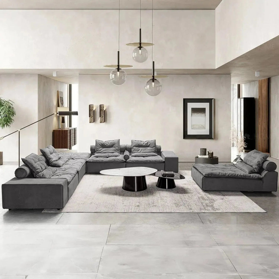 Modern fabric modular ottoman woolen in panoramic view.