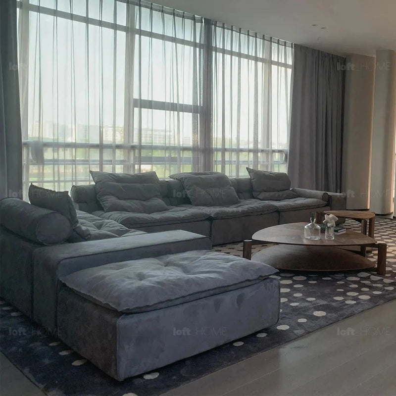 Modern fabric modular sofa armrest woolen in close up details.