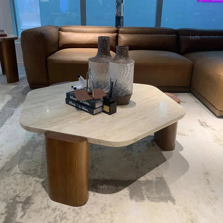 Scandinavian travertine stone coffee table trawo in panoramic view.