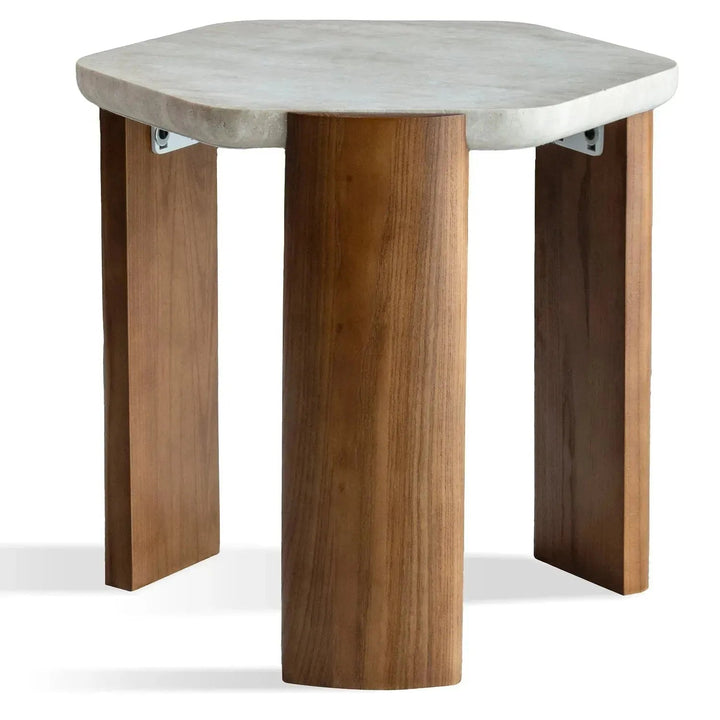Scandinavian travertine stone side table trawo in white background.