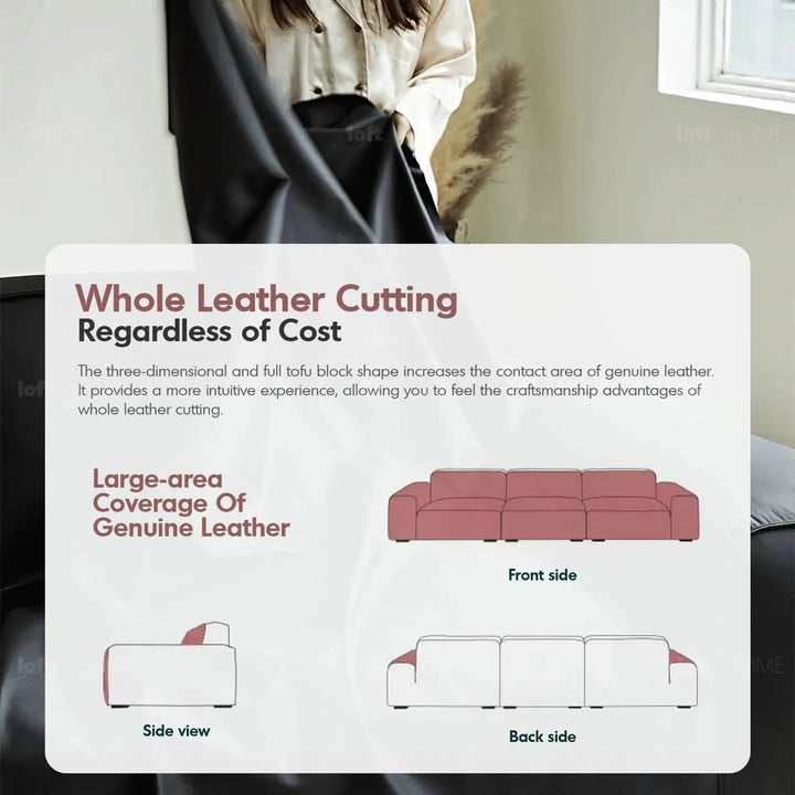 Minimalist microfiber leather 4 seater sofa fleece in close up details.