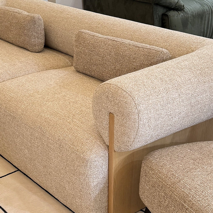 Scandinavian mixed weave fabric 3 seater sofa lange in close up details.