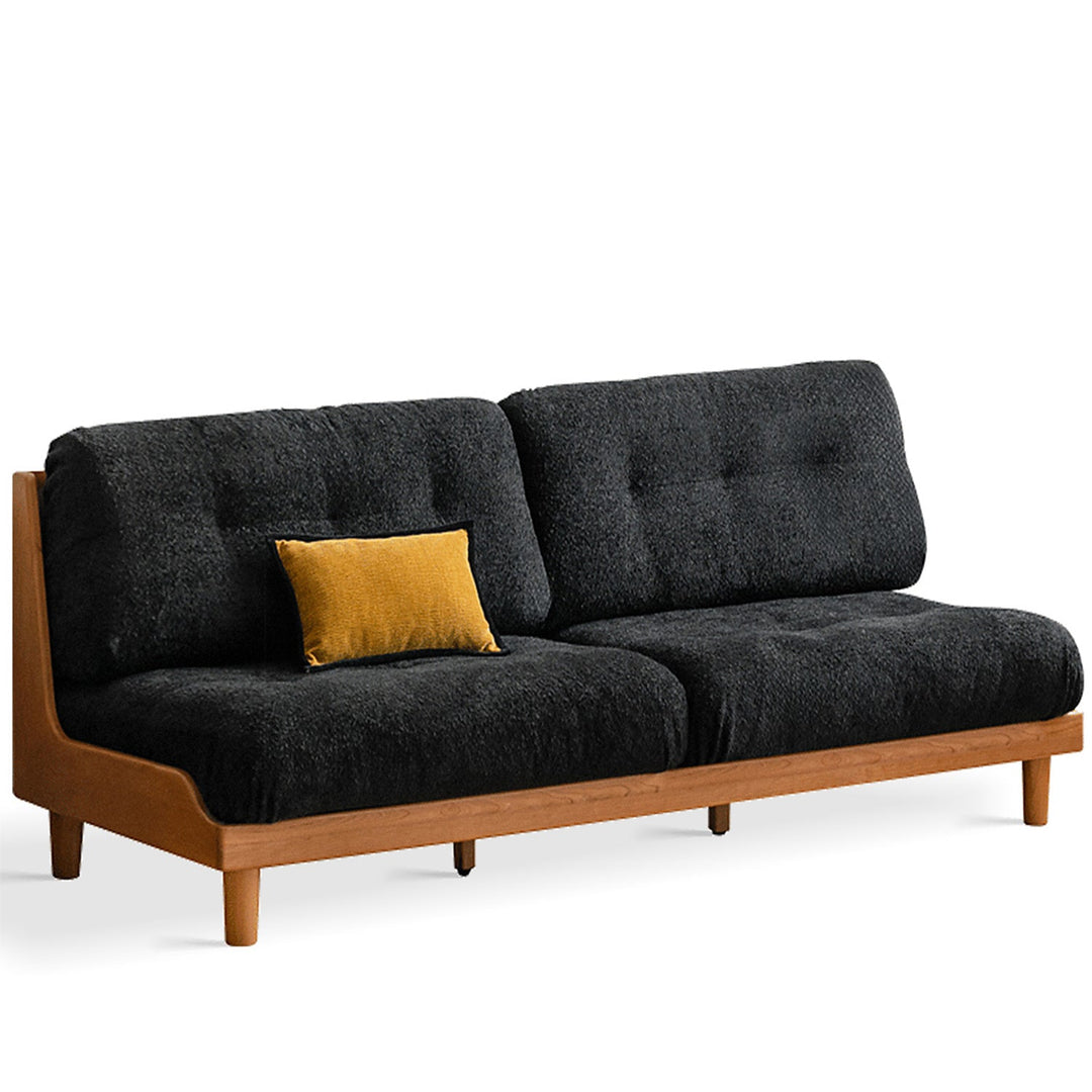 Scandinavian mixed weave fabric cherry wood 2 seater sofa undermoon in white background.