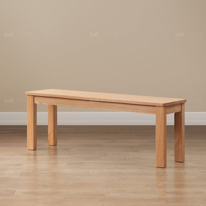 Scandinavian oak wood dining bench ligna in panoramic view.