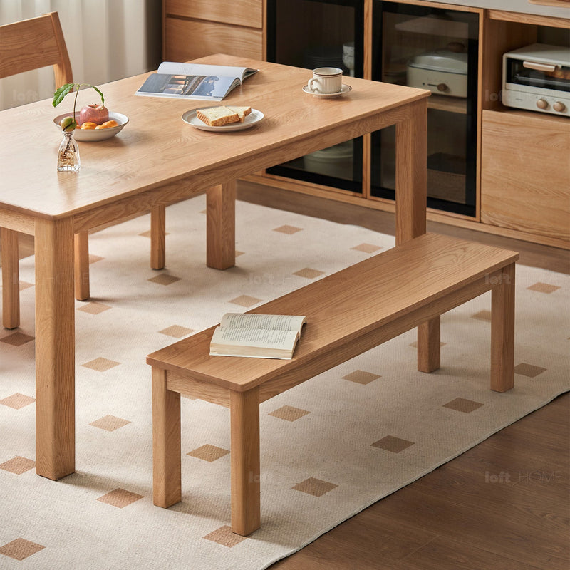 Scandinavian oak wood dining bench ligna in details.