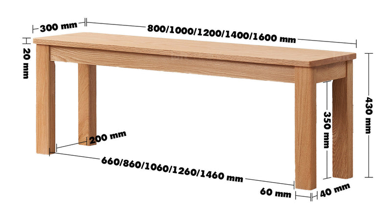 Scandinavian Oak Wood Dining Bench LIGNA Size Chart