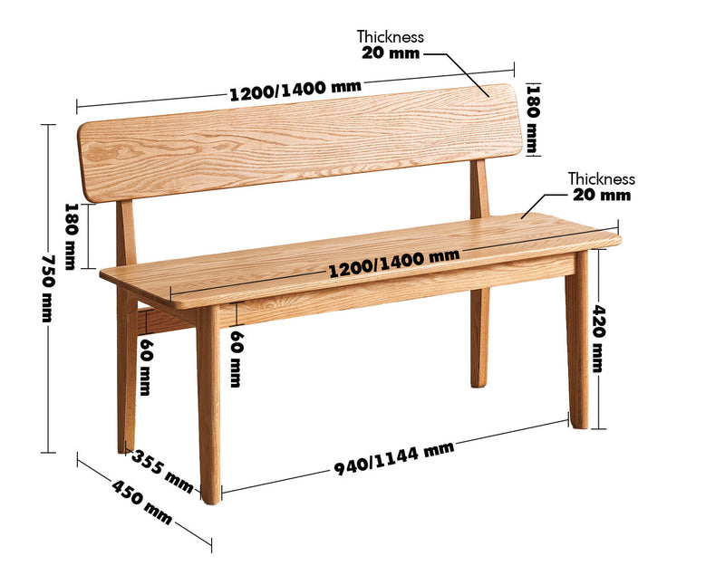 Scandinavian Oak Wood Dining Bench With Backrest RESTLY Size Chart