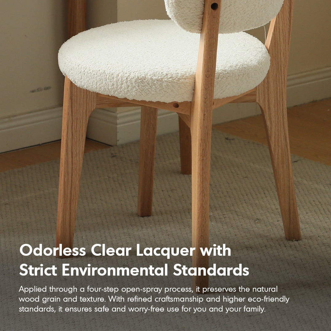 Scandinavian oak wood boucle fabric cover removable dining chair cloud detail 1.