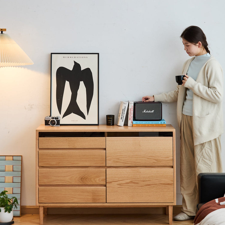 Scandinavian oak wood chest of 6 drawers floating light primary product view.