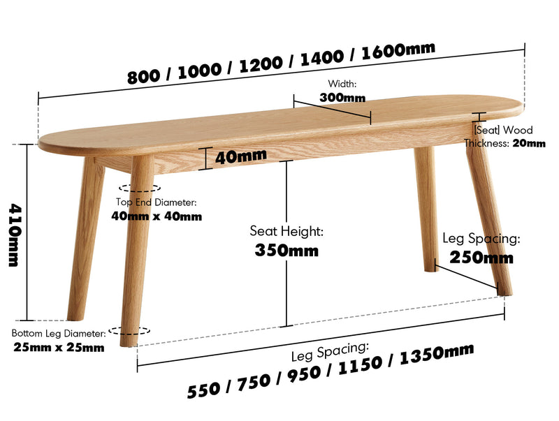 Scandinavian Oak Wood Dining Bench ARC Size Chart
