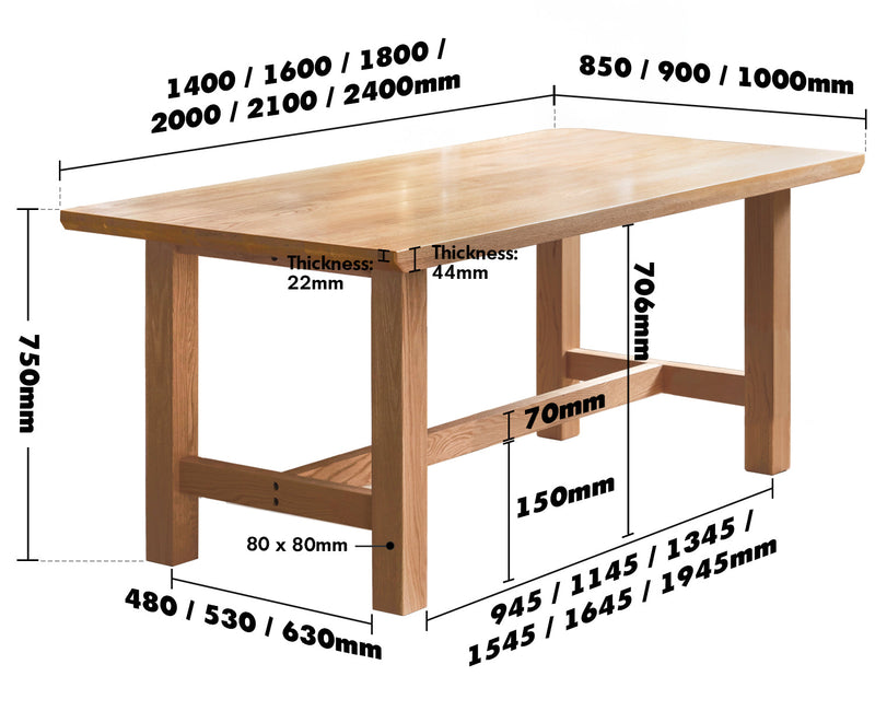 Scandinavian Oak Wood Dining Table HAVEN Size Chart
