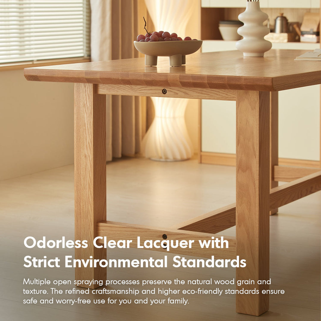Scandinavian oak wood dining table haven in panoramic view.