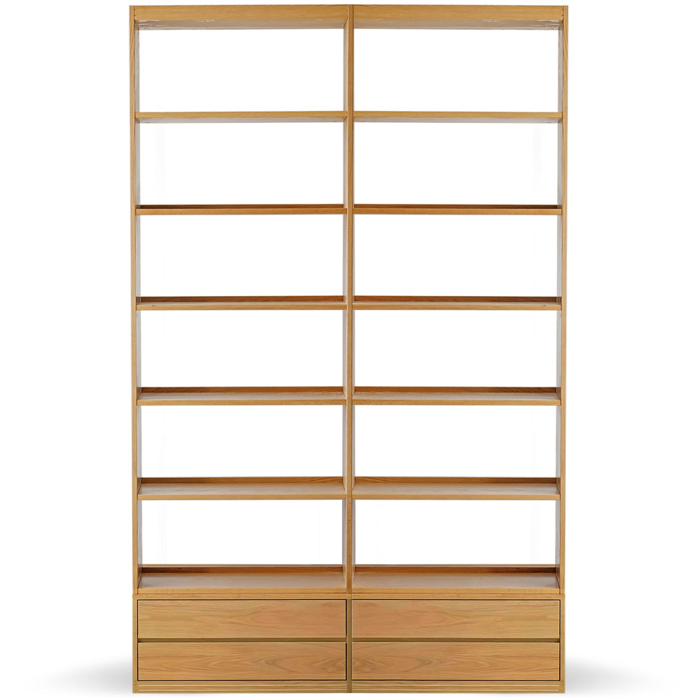 Scandinavian oak wood bookshelf shelfix in white background.