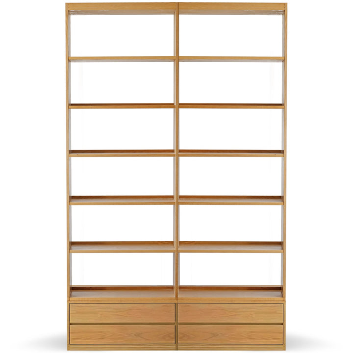 Scandinavian oak wood bookshelf shelfix in white background.