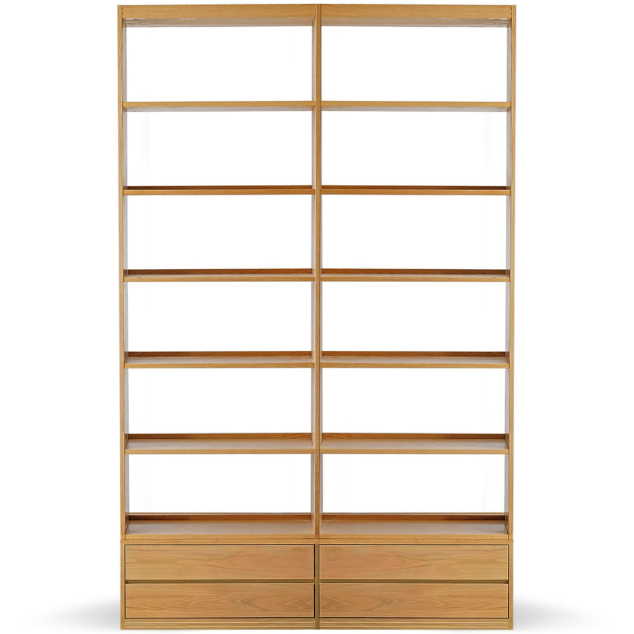 Scandinavian oak wood bookshelf shelfix in white background.