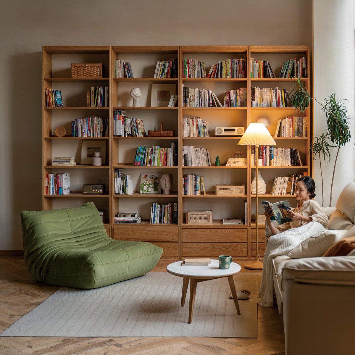 Scandinavian oak wood bookshelf shelfix primary product view.
