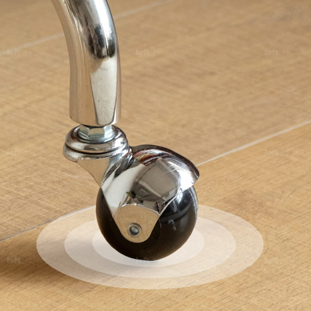 Scandinavian oak wood dressing mirror shelf with caster wheels vista in close up details.