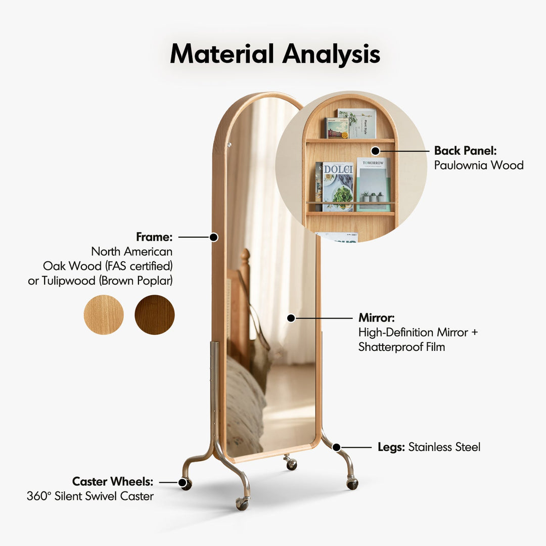 Scandinavian Oak Wood Dressing Mirror Shelf With Caster Wheels VISTA