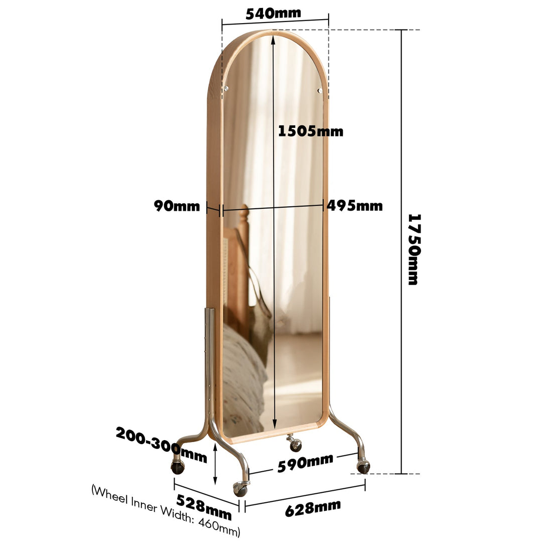 Scandinavian Oak Wood Dressing Mirror Shelf With Caster Wheels VISTA