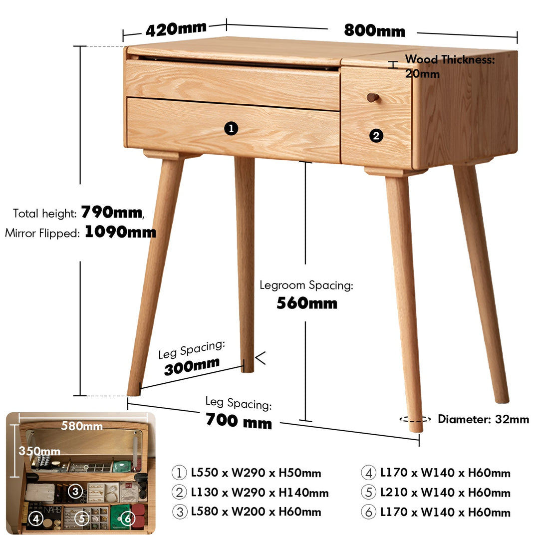 Scandinavian oak wood dressing table aura size charts.