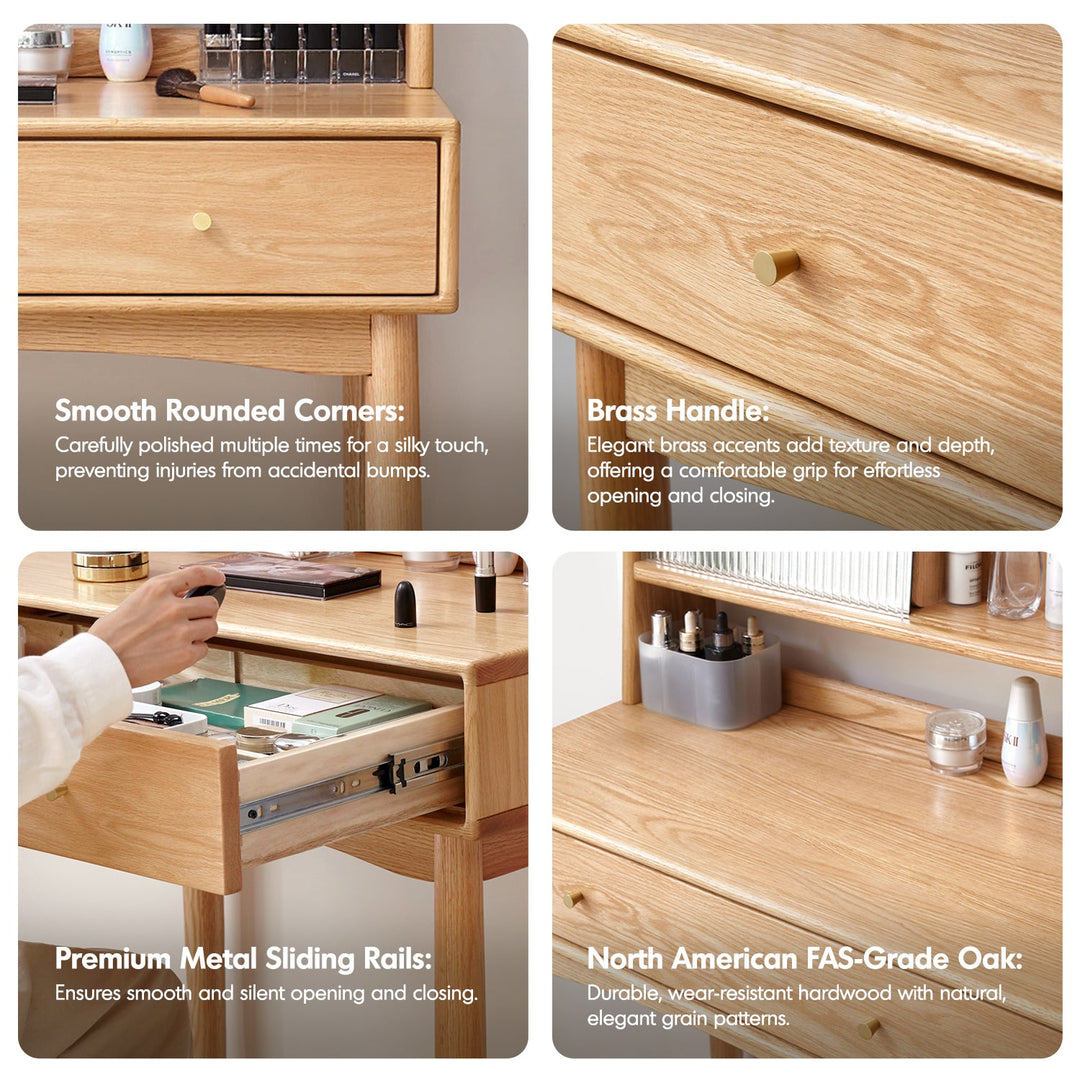 Scandinavian oak wood moru glass dressing table with mirror gleam layered structure.