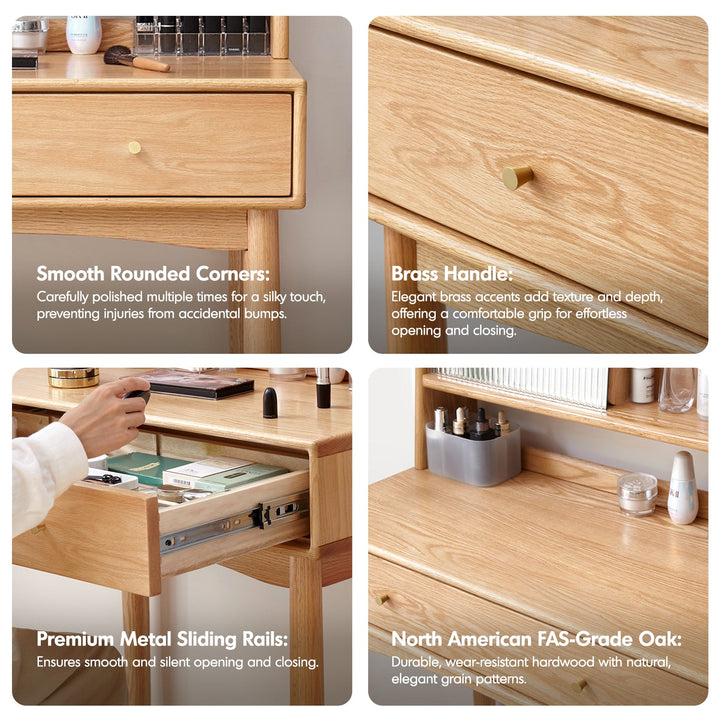 Scandinavian oak wood moru glass dressing table with mirror gleam layered structure.