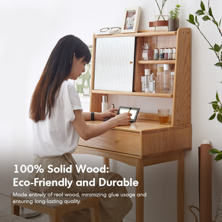 Scandinavian oak wood moru glass dressing table with mirror gleam detail 1.