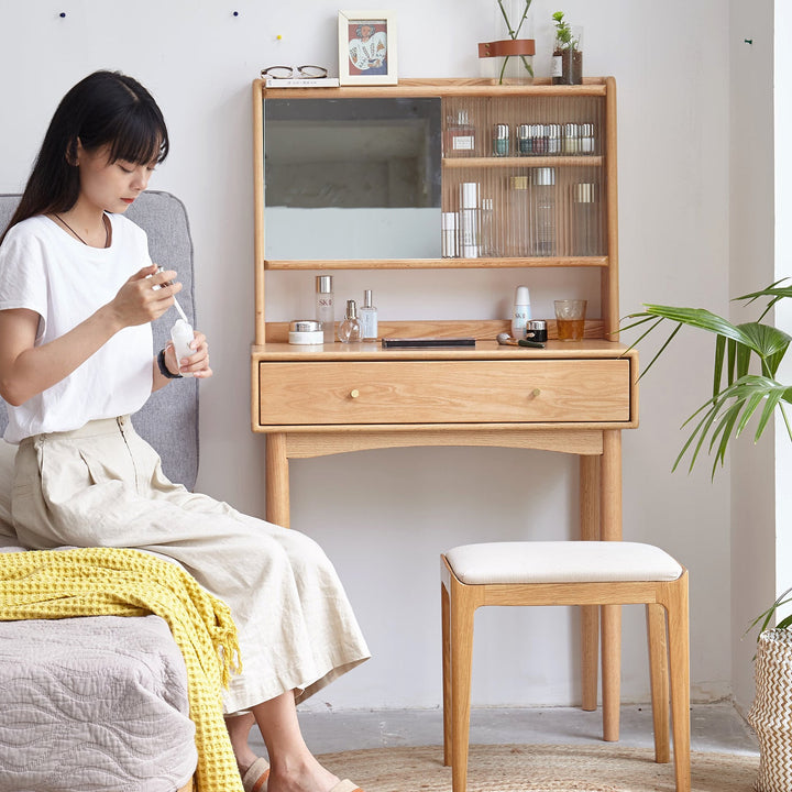 Scandinavian Oak Wood Moru Glass Dressing Table With Mirror GLEAM