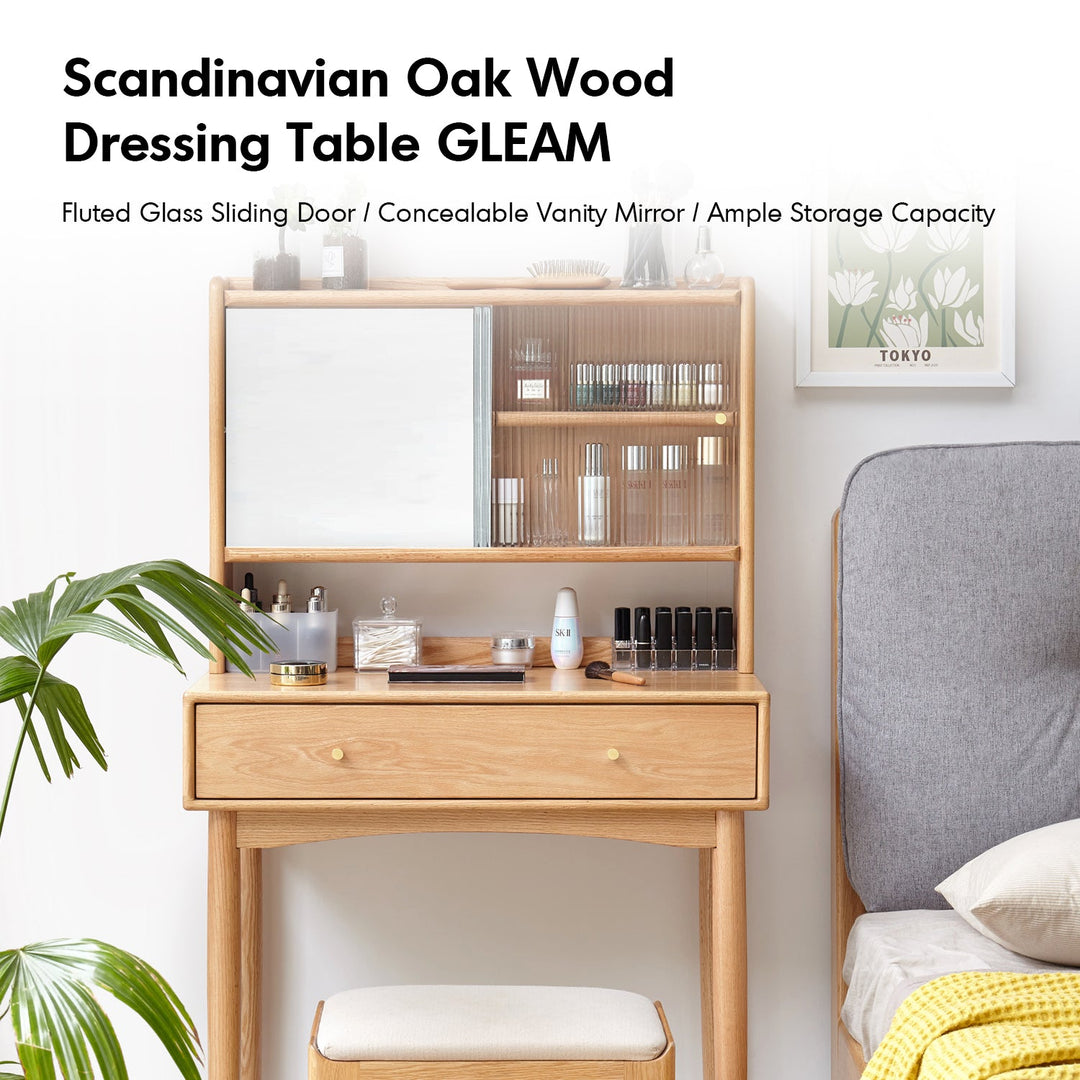Scandinavian oak wood moru glass dressing table with mirror gleam in real life style.