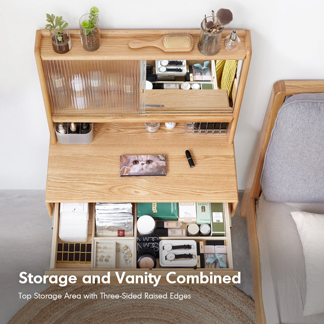 Scandinavian oak wood moru glass dressing table with mirror gleam in details.