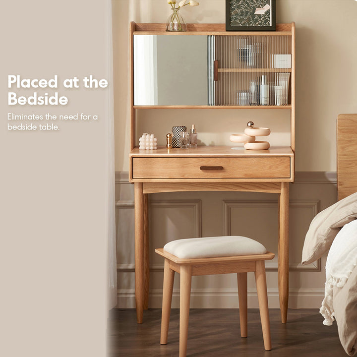 Scandinavian oak wood dressing table with mirror nia with context.