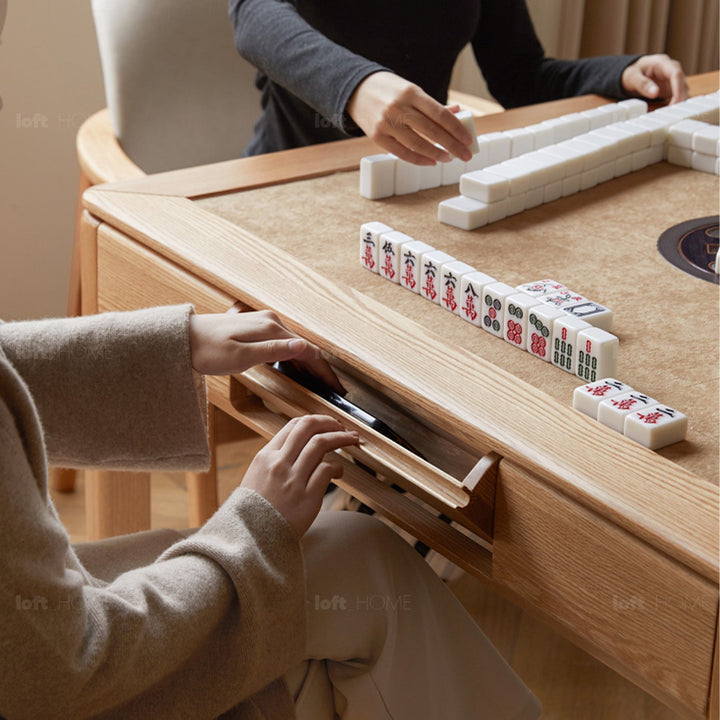 Scandinavian oak wood electric automatic mahjong table luckyv in panoramic view.