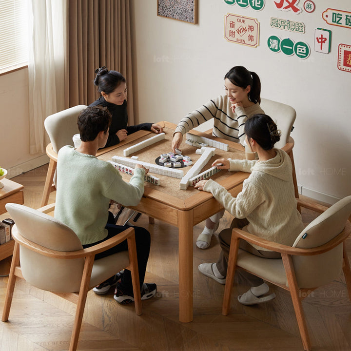 Scandinavian oak wood electric automatic mahjong table luckyv in close up details.