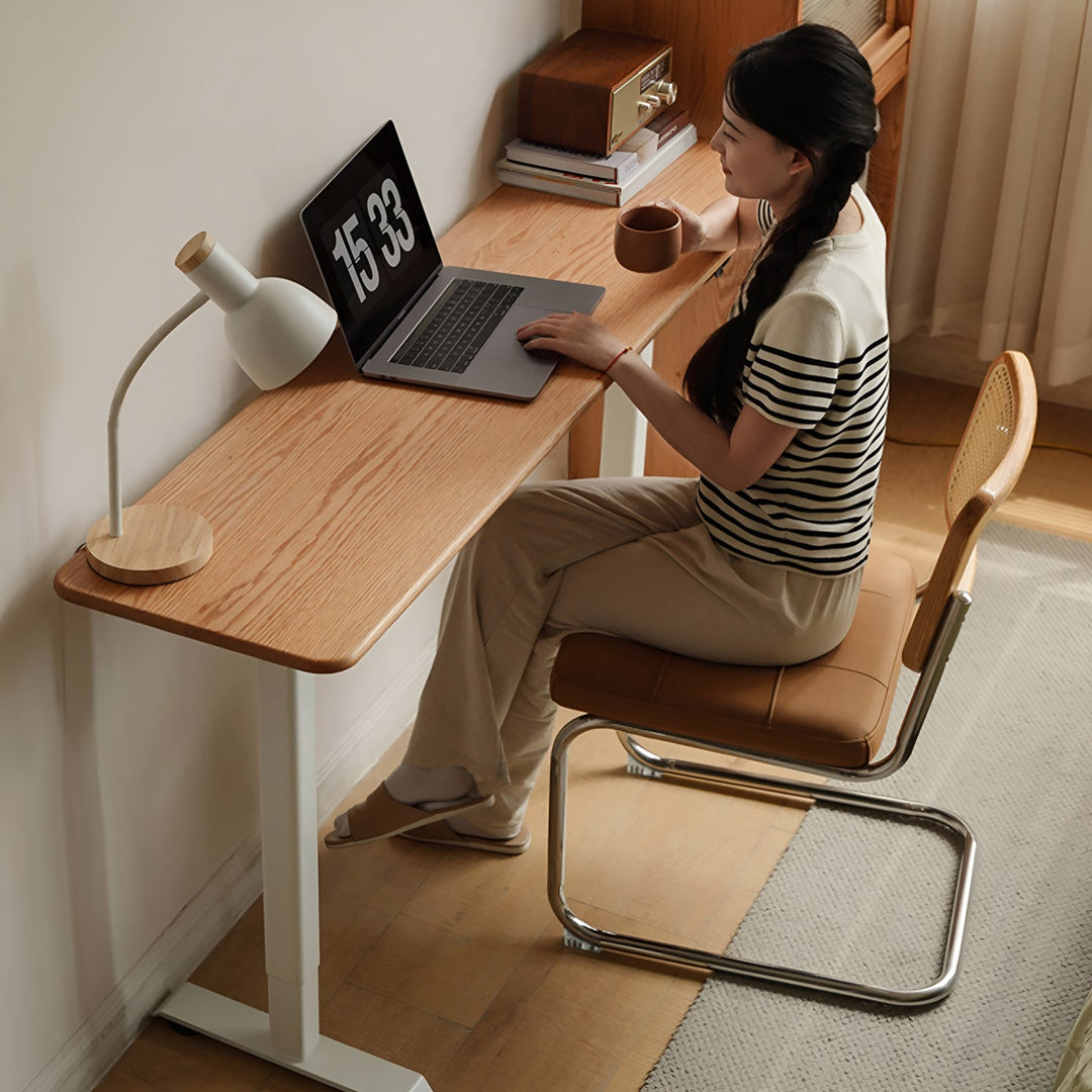 Scandinavian oak wood electric height adjustable slim study table slimlift primary product view.