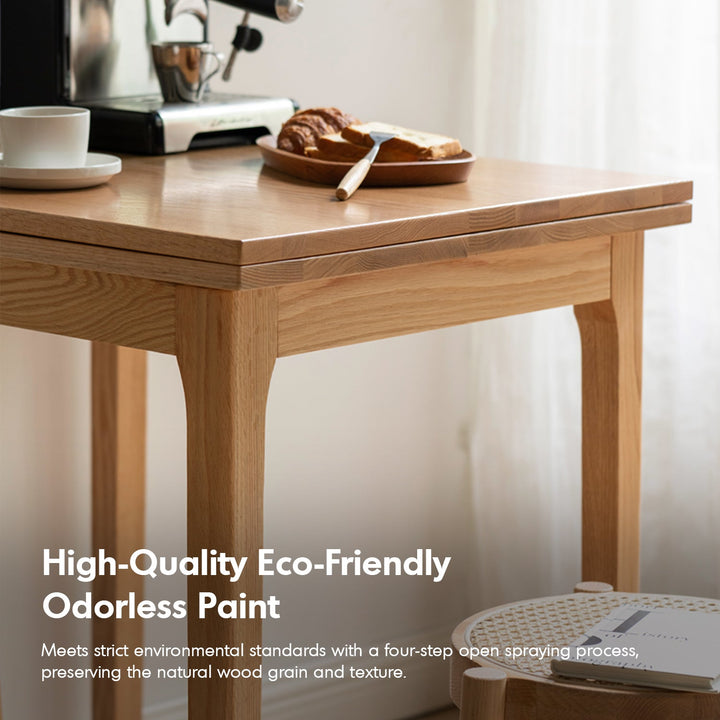 Scandinavian oak wood extendable dining table privot layered structure.