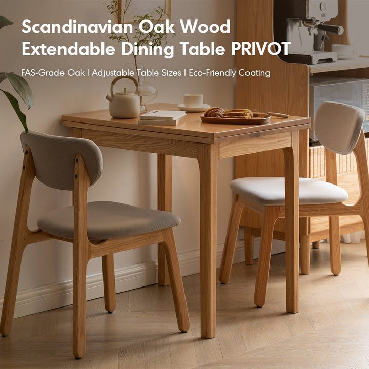 Scandinavian oak wood extendable dining table privot in real life style.