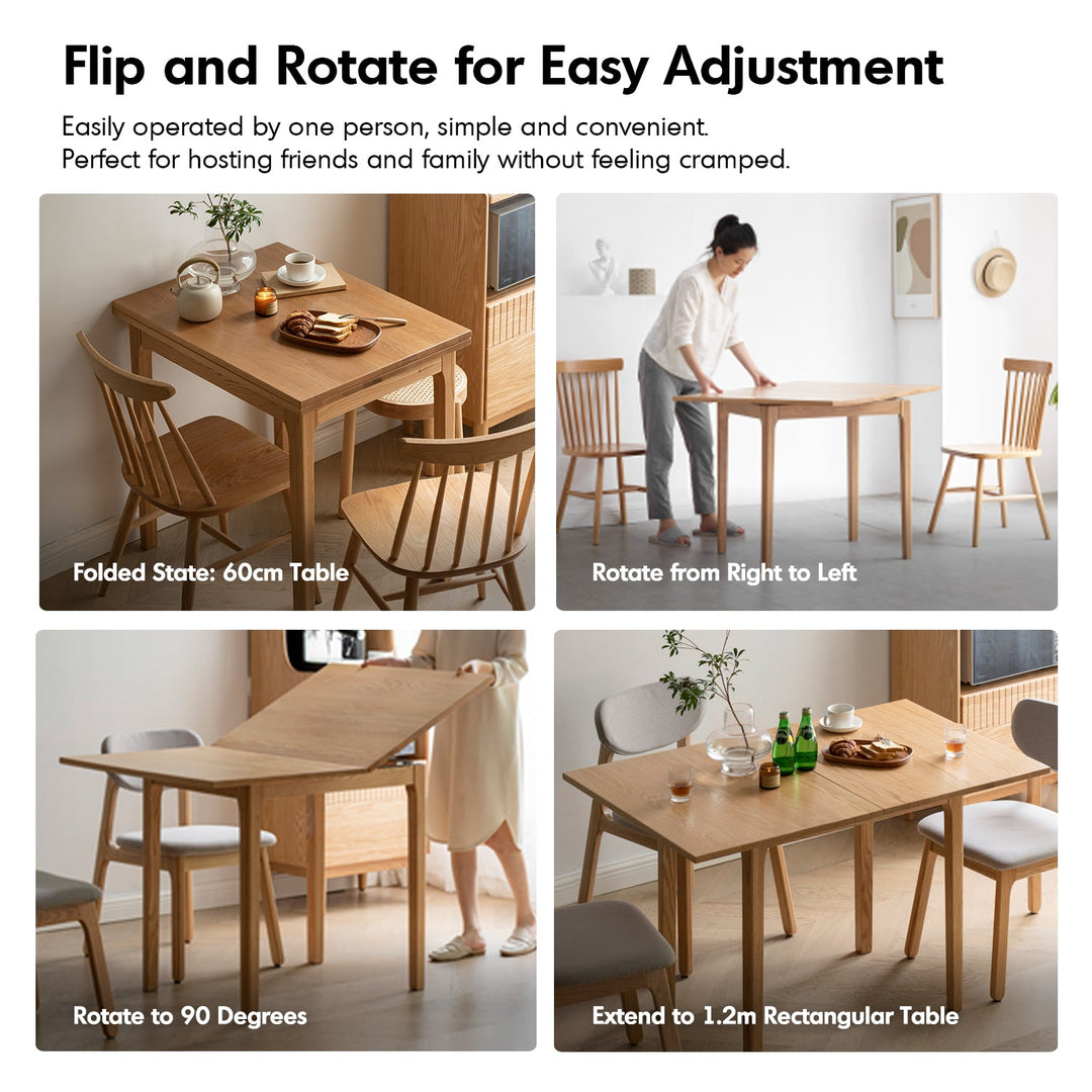 Scandinavian oak wood extendable dining table privot in details.