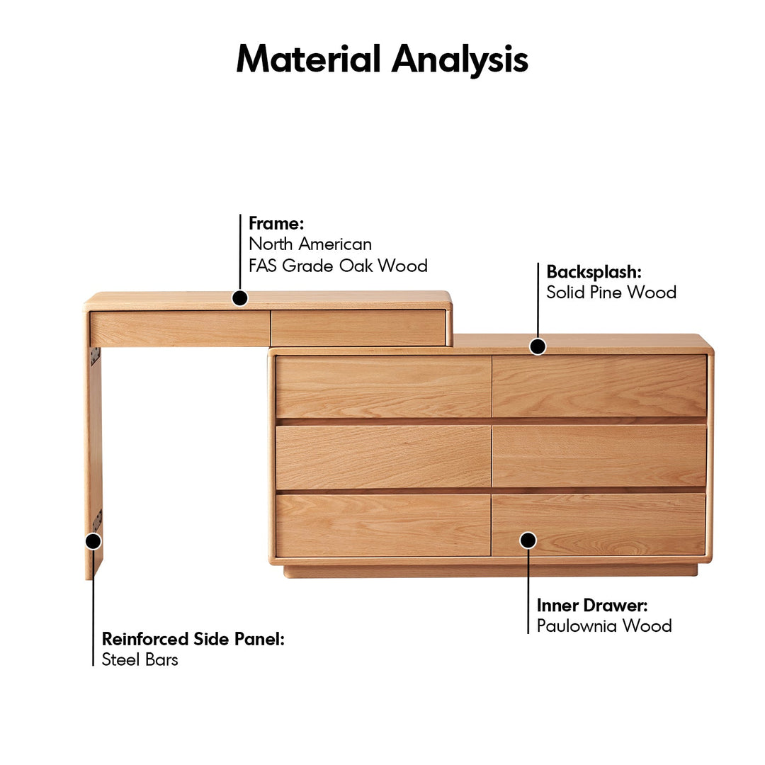 Scandinavian oak wood extendable dressing table with chest of drawers blend detail 3.