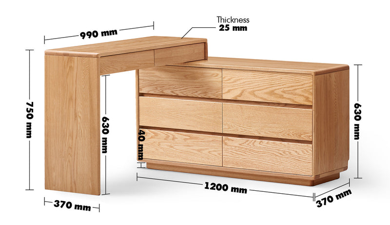Scandinavian Oak Wood Extendable Dressing Table With Chest Of Drawers BLEND Size Chart