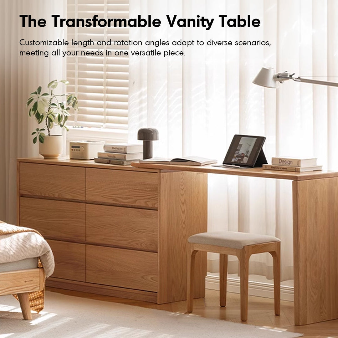 Scandinavian oak wood extendable dressing table with chest of drawers vista environmental situation.