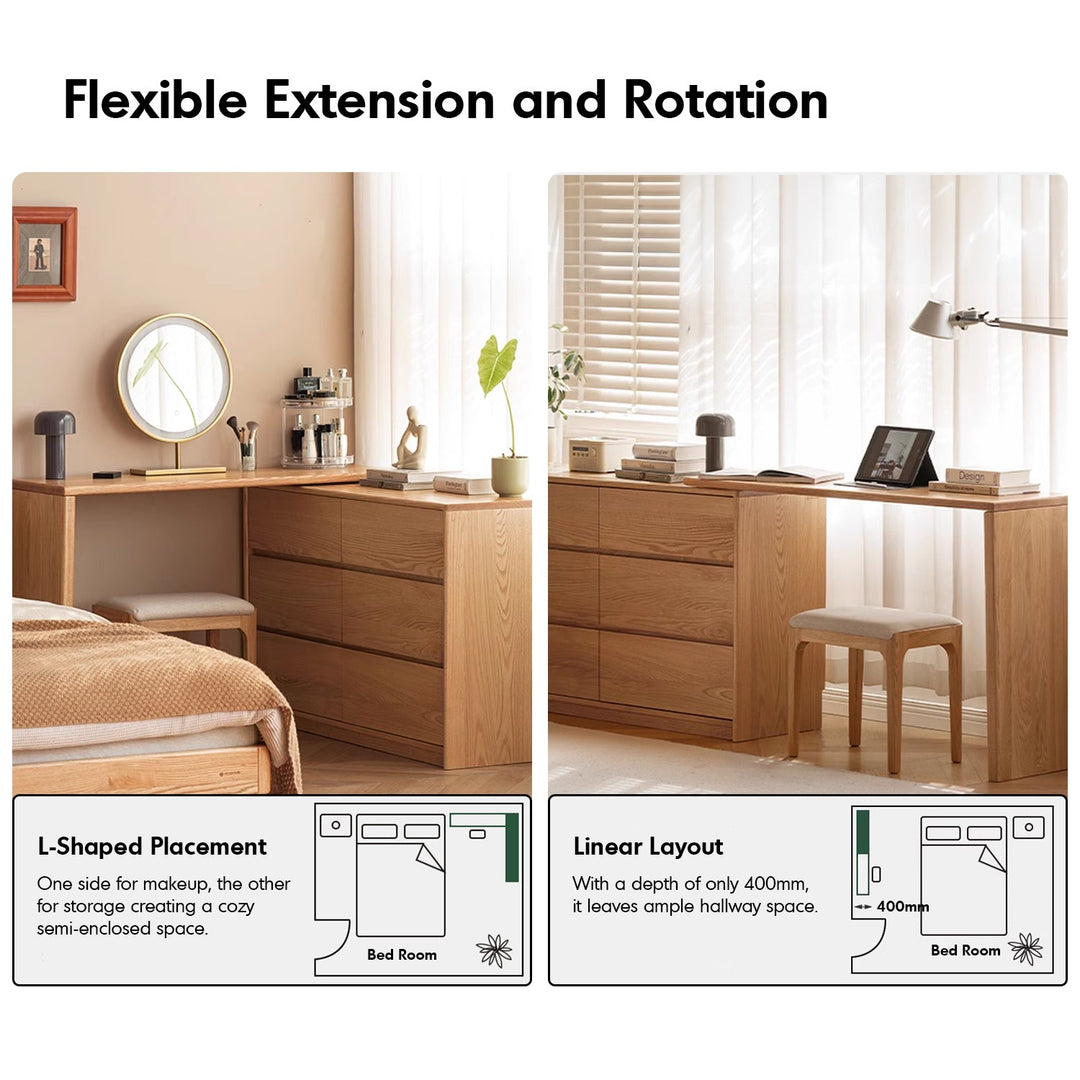 Scandinavian oak wood extendable dressing table with chest of drawers vista situational feels.